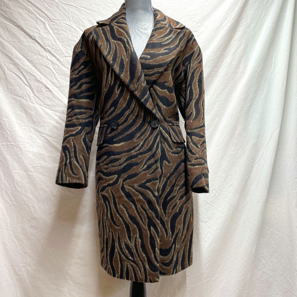 Zara Basic Zebra Print Double Breasted Long Coat … - image 1